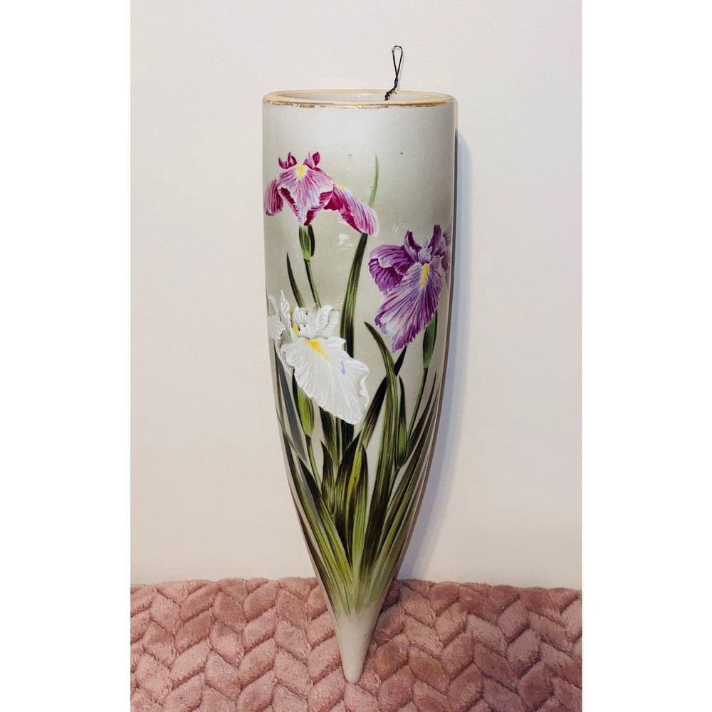 Antique 14” Hanging Wall Indoor Outdoor Hand Painted Iris Pottery Vase Planter